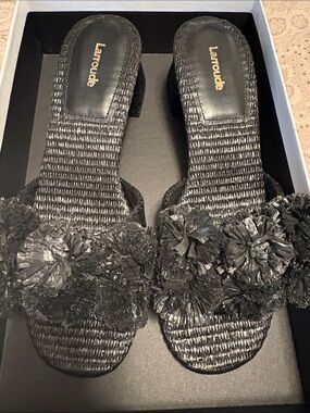 Larroude Black Raffia Floral Slide Sandals